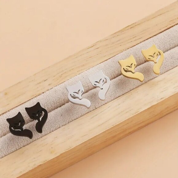 Curled Fox Face Stainless Steel Stud Earrings #1485 - Picture 3 of 8